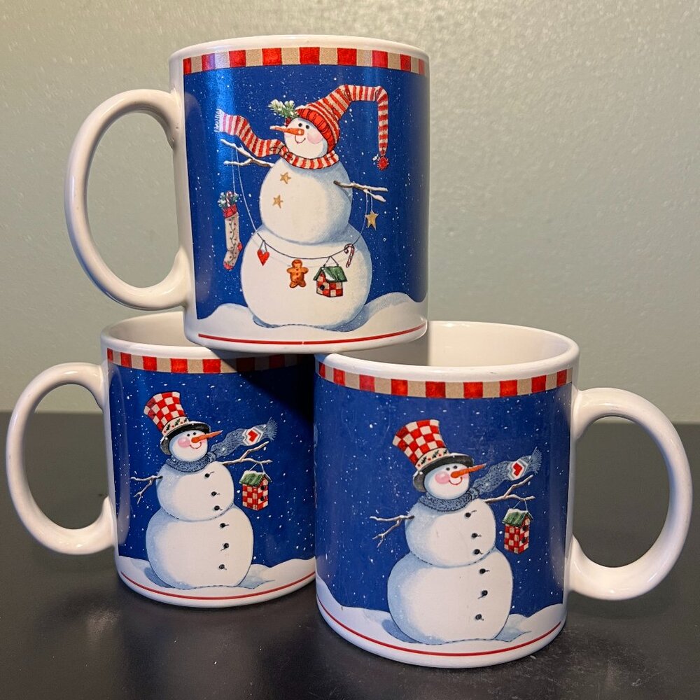 Trio of Vintage Sakura WINTER BUDDIES Stoneware Mugs w/ Art by Sandi Gore Evans